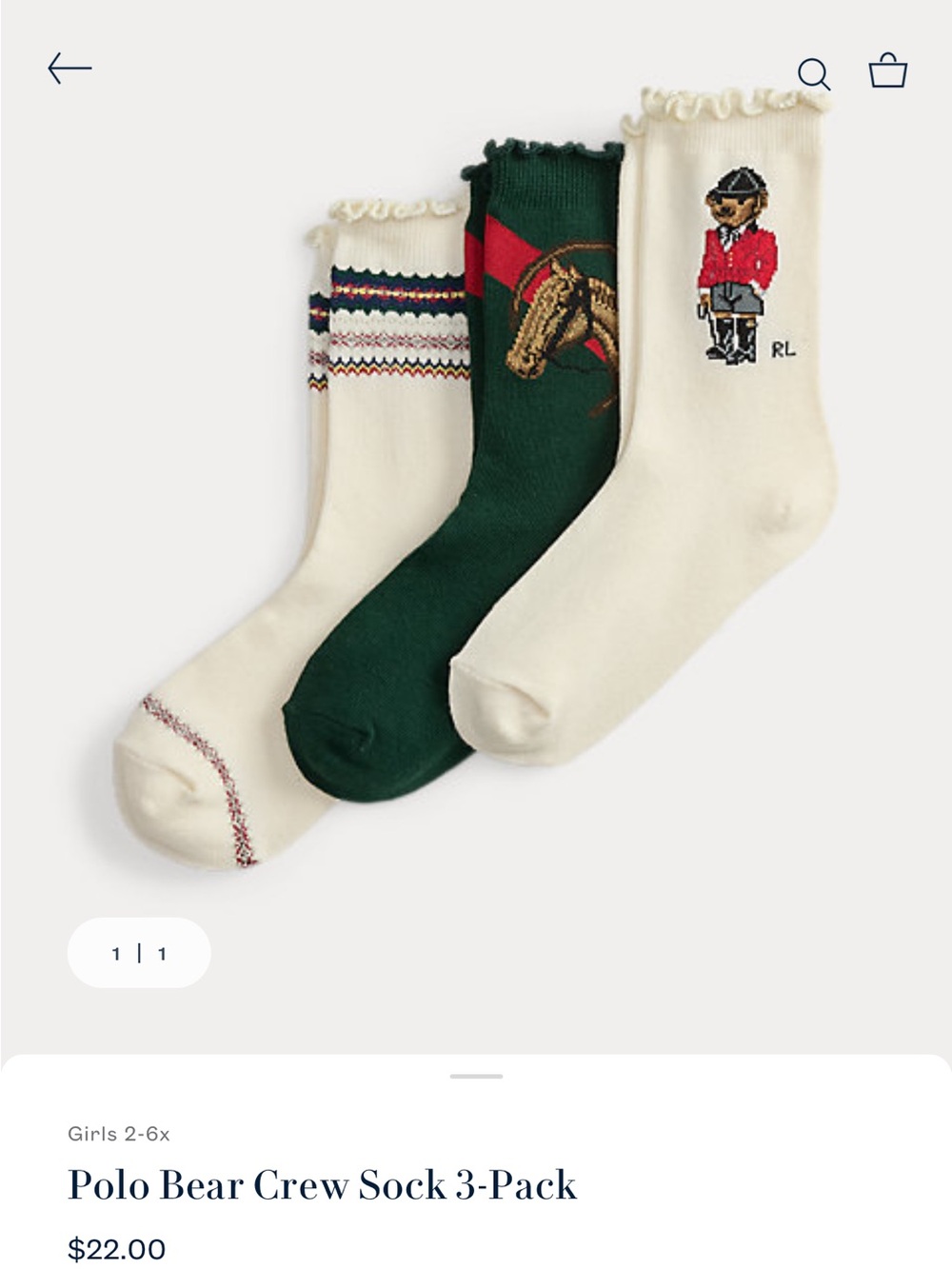 Ralph Lauren Ivory & Green Polo Bear Crew Socks - 3-Pack